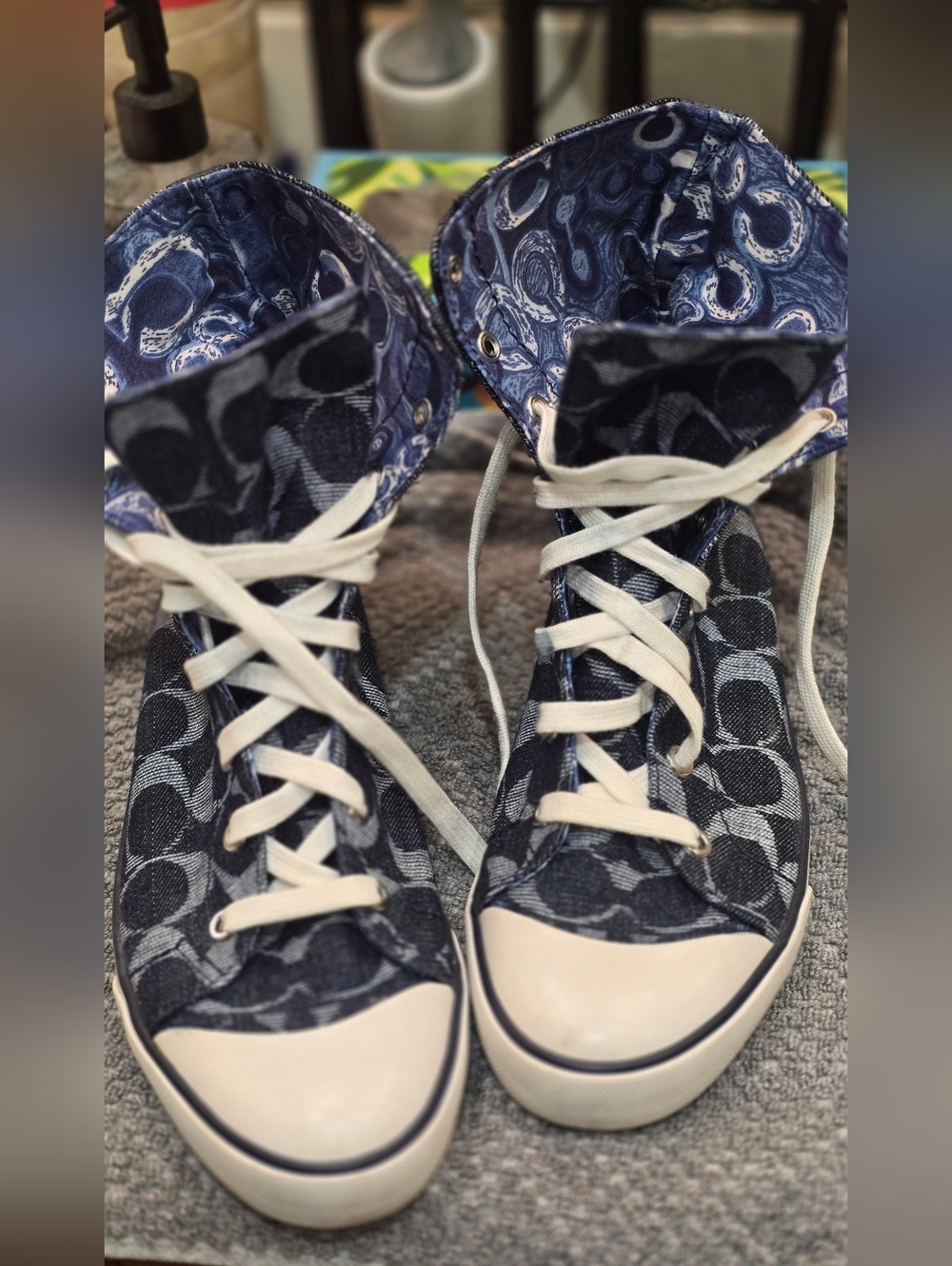 Coach Womens Blue Signature High-Top Sneakers with White Laces